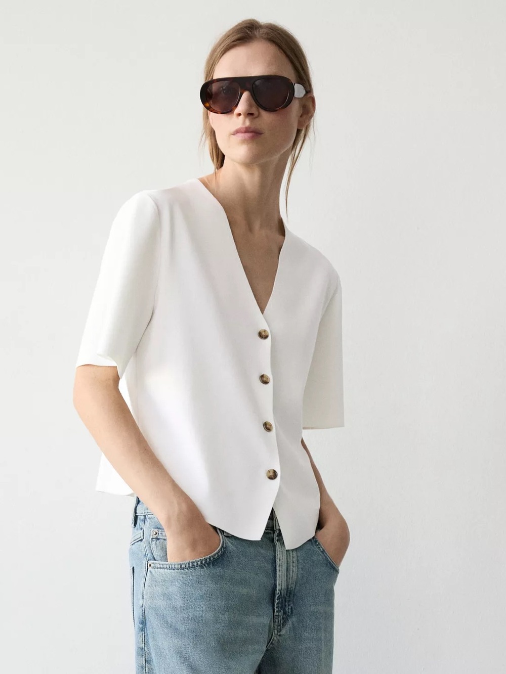 Massimo Dutti White V‑Neck Button Front Women's Top